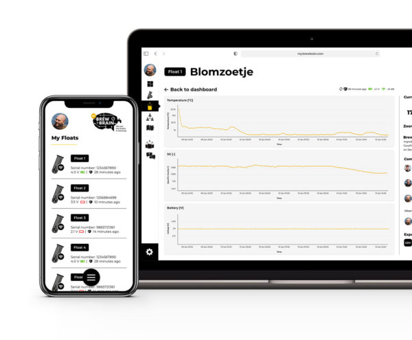 My Brewbrain fermentation monitoring platform shown on laptop and mobile screen