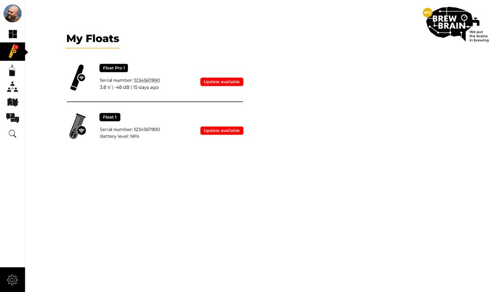 My Floats page showing a list of owned Float Pro digital hydrometers in the platform