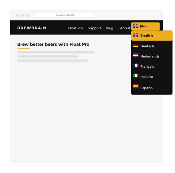 Language switcher on the multilingual Brewbrain website showing English, German, Dutch, French, Italian and Spanish