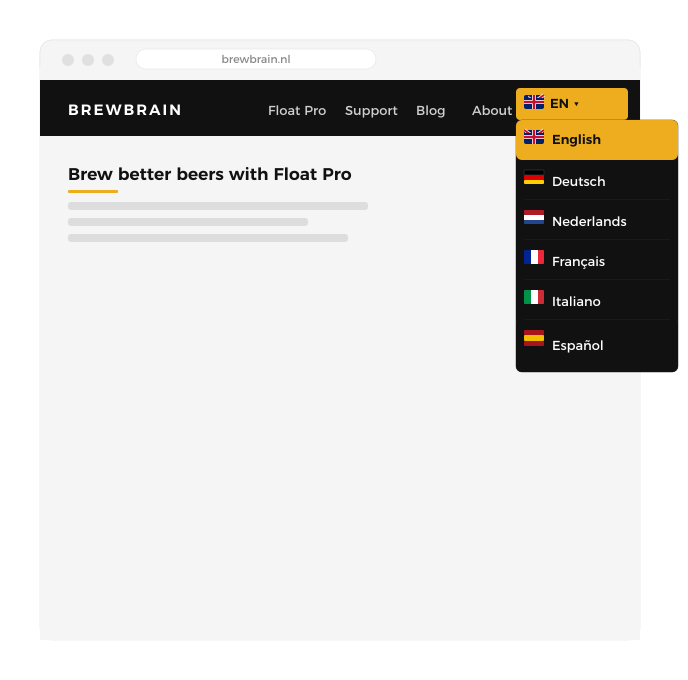 Language switcher on the multilingual Brewbrain website showing English, German, Dutch, French, Italian and Spanish