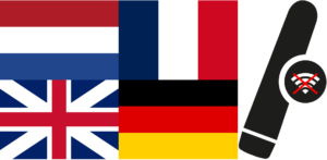 float-multi-lanuage-data-buffer Stylized Float Pro wifi hydrometer with no-wifi icon alongside European language flags representing offline data buffering and multi-language setup
